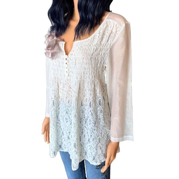 Vintage Linea Domani White Boho Lacy Rosette Tunic Top Size Medium - Picture 4 of 5